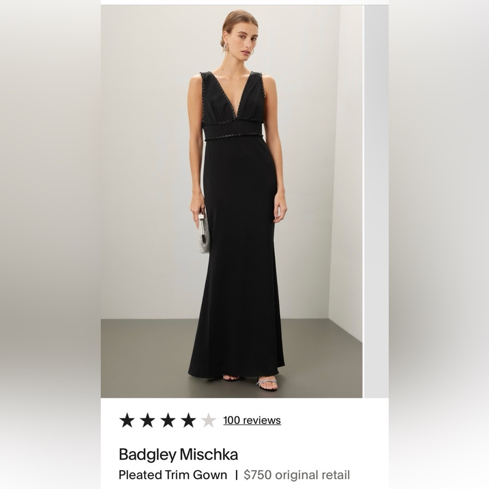 Badgley Mischka Black Maxi Pleated Trim Dress Sz 6 NWOT $750 - Picture 3 of 3